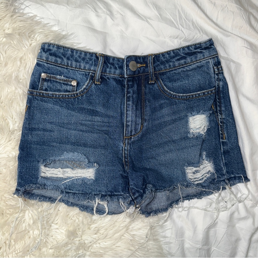 Gilded Intent | High Rise Denim Shorts GIF1022 Distressed Ripped Frayed Raw Hem